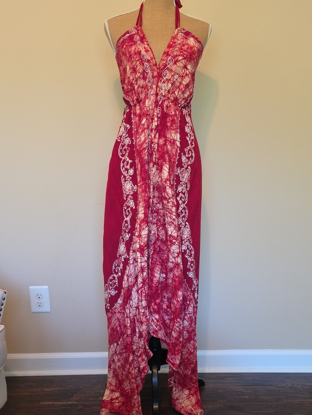 Red Tie-Dye Halter Maxi Dress with White Print